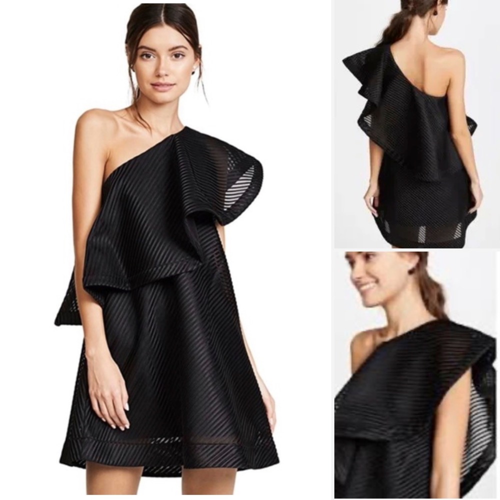 Halston Heritage NWT One Shoulder Mesh Cocktail Dress Black 10 Dark Femme Vamp